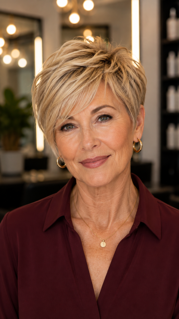 Feathered pixie haircut with long side-swept fringe and soft textured layers