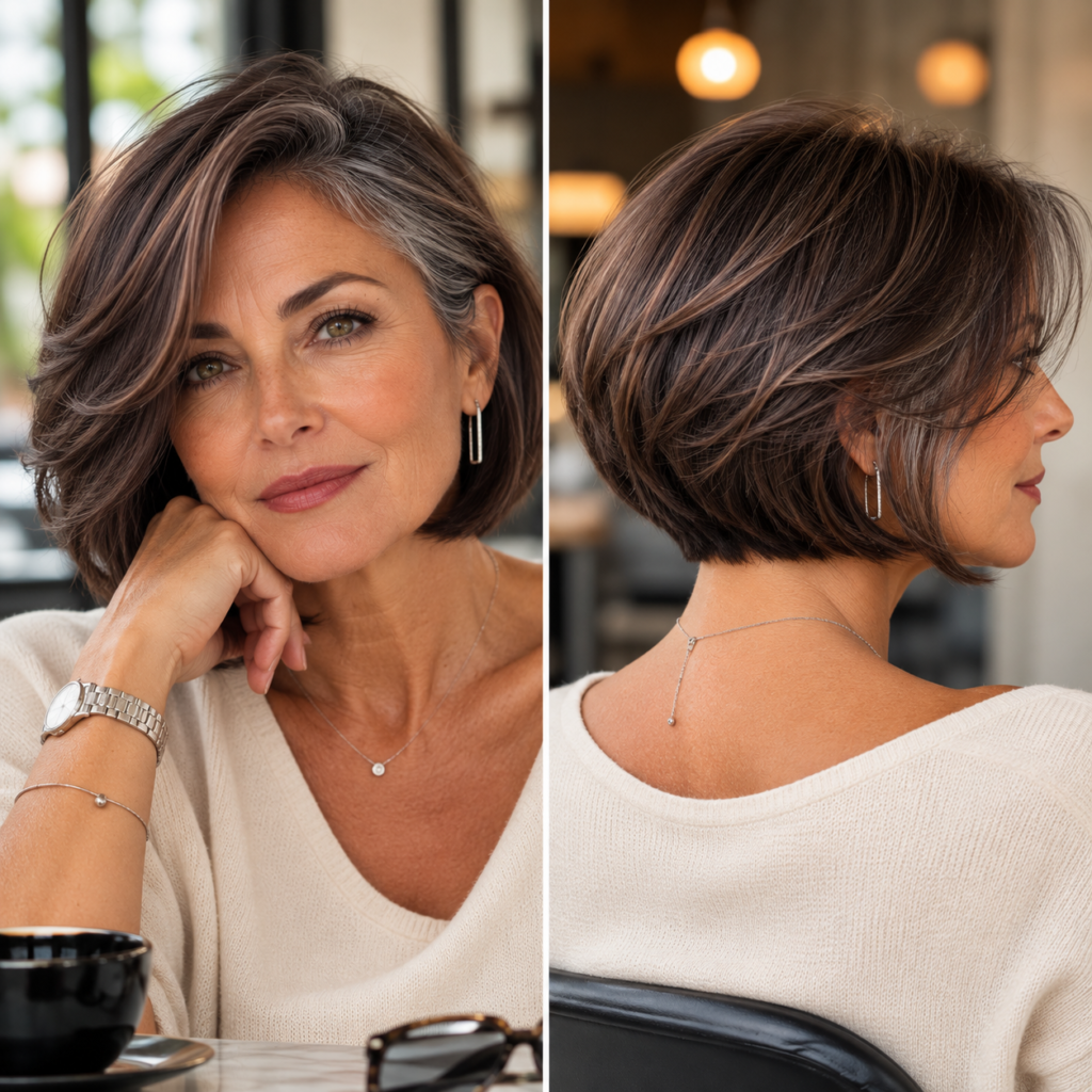 Short shattered bob with textured ends adding movement to straight flat hair
