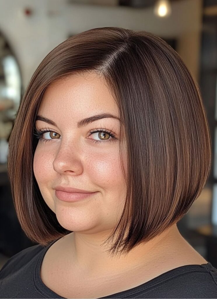 Chin-length bob with a deep side part for a round face