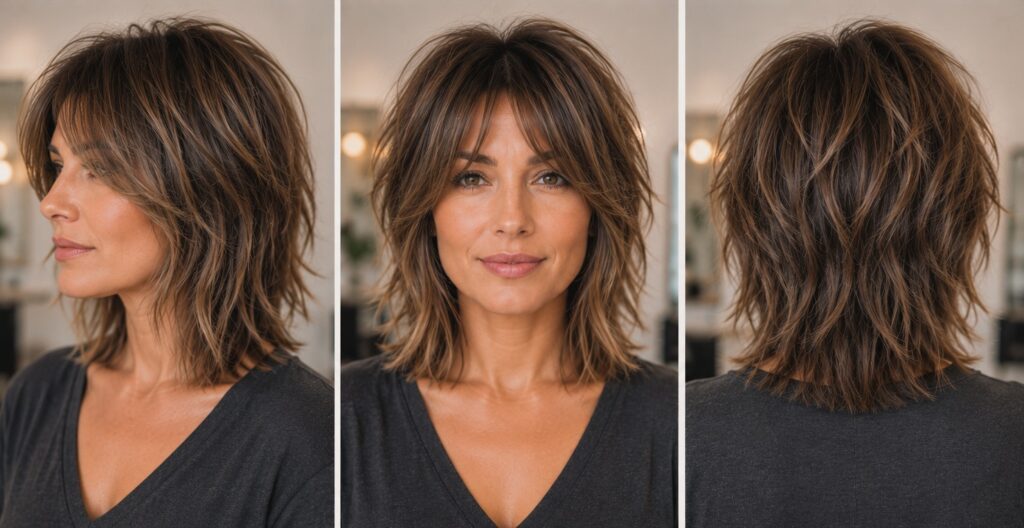 Soft shag haircut with long fringe and relaxed layers shown from front, side and back
