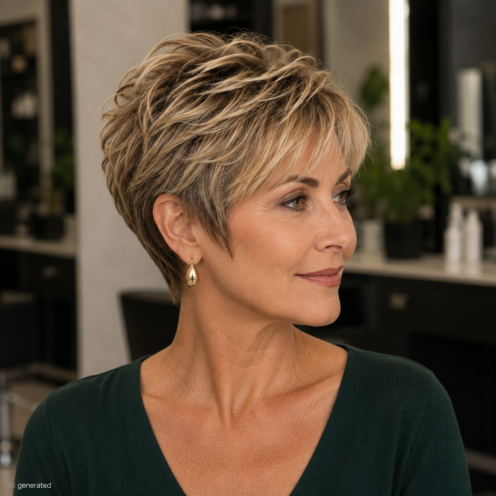 Side-swept pixie bob hairstyle for woman over 50