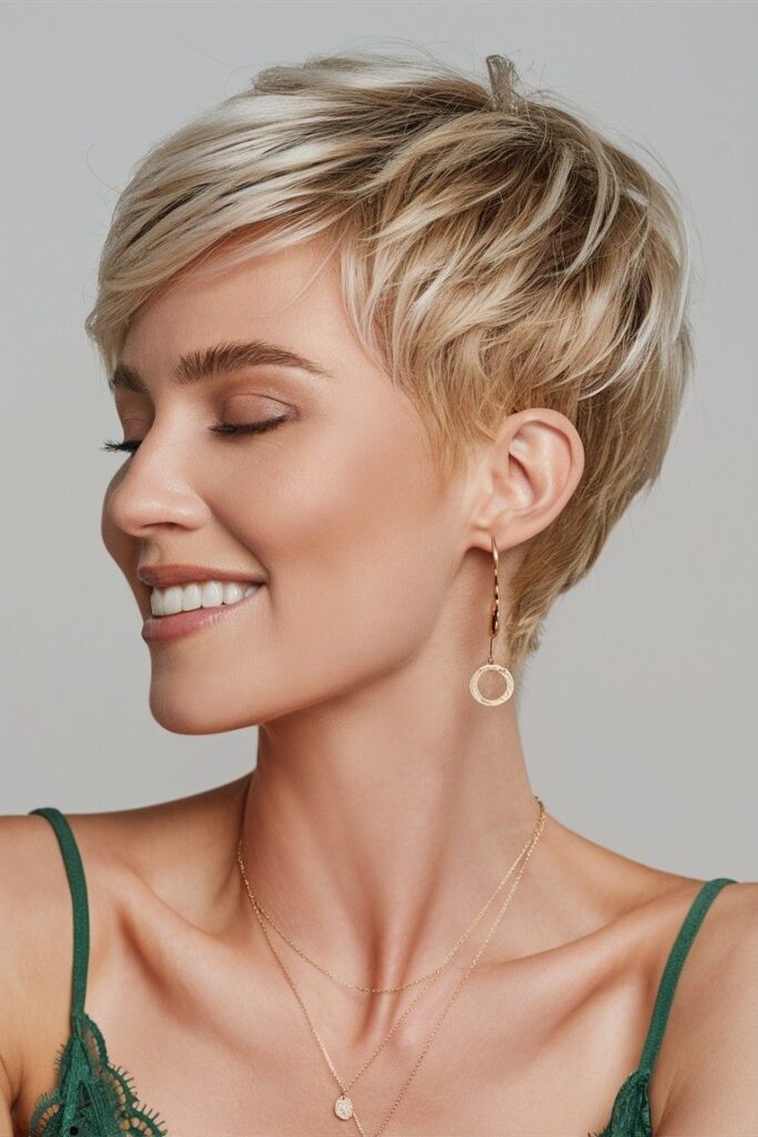 Airy pixie haircut for fine hair with soft texture and natural crown volume