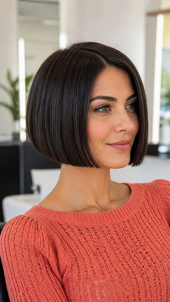 Compact bob haircut with a strong perimeter and full polished ends