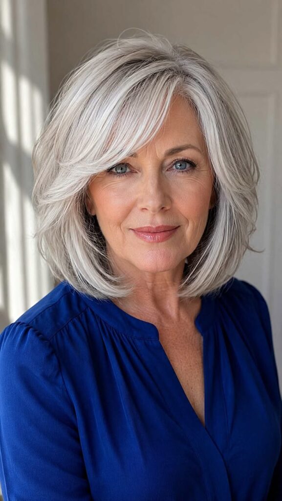 Soft layered lob for a woman over 50 with natural volume and face-framing movement
