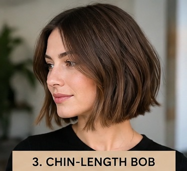 Chin-length bob haircut for fine hair that creates a fuller appearance