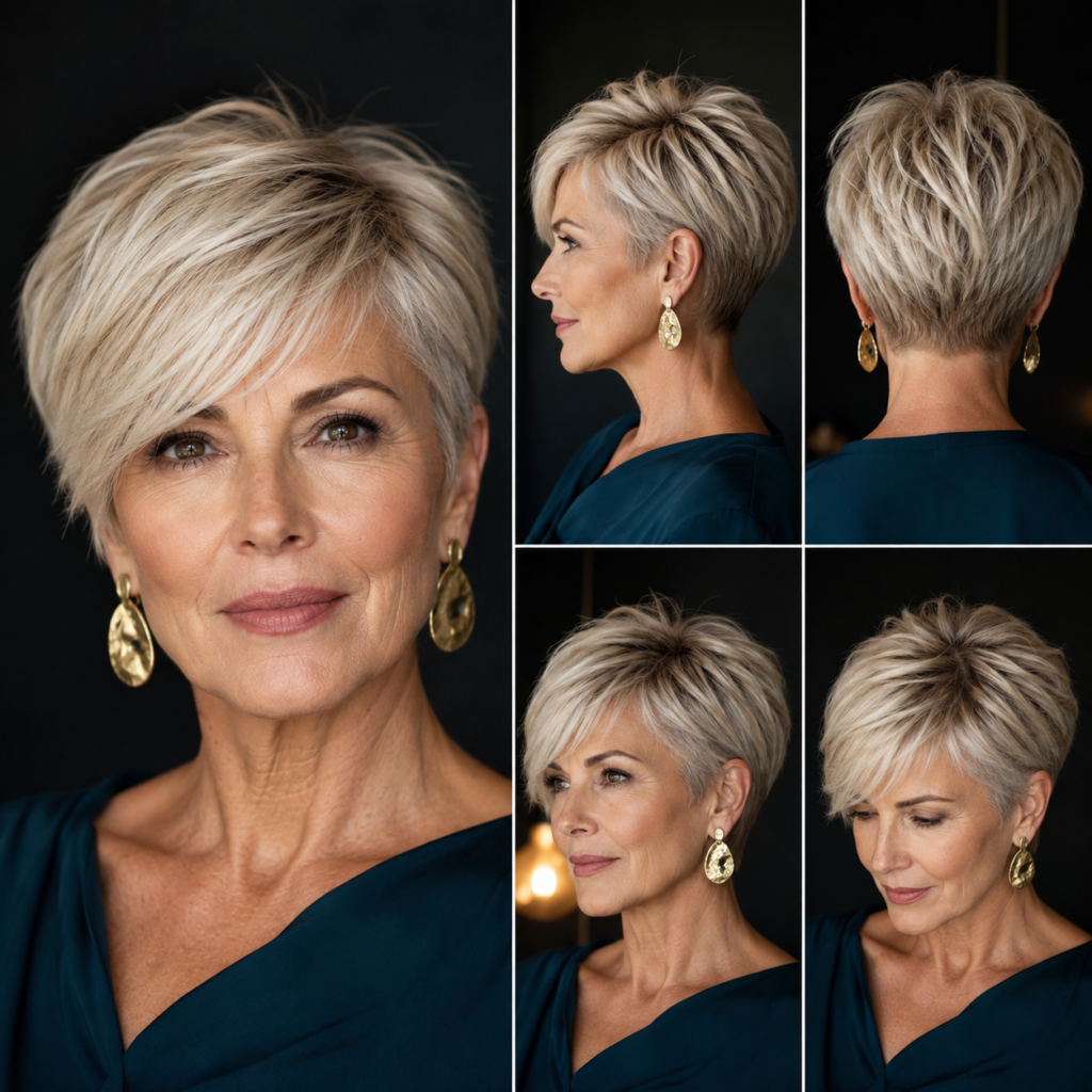 Long blonde pixie with a side-swept fringe, textured crown and softly tapered back