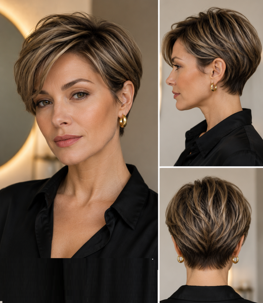 Sculpted ear-length haircut with soft top texture that highlights the cheekbones, jawline and neck
