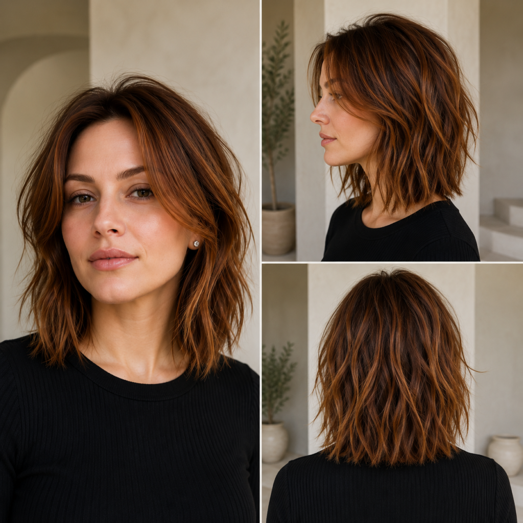 Disconnected midi cut with strategic layers creating movement in straight hair