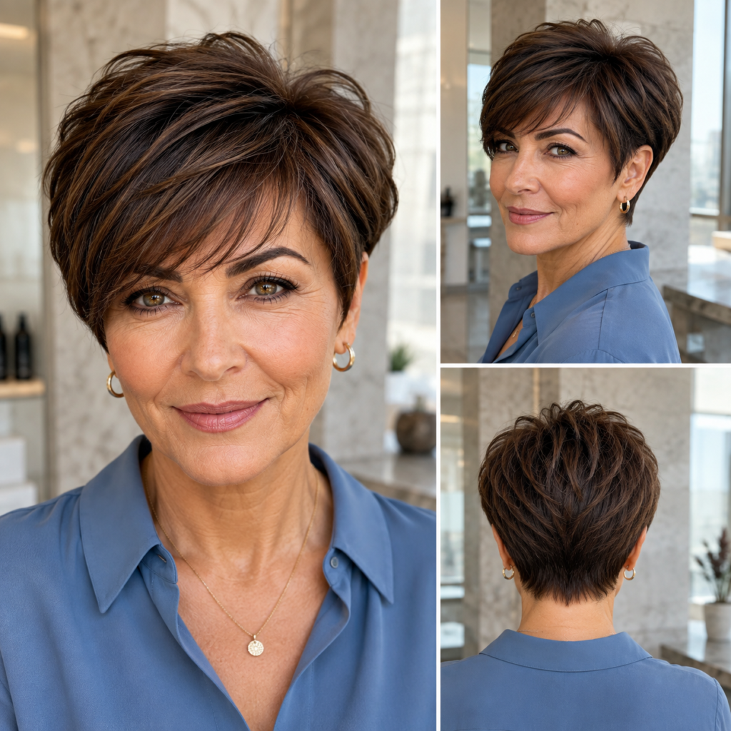 Tapered pixie haircut from the back with a softly shaped neckline and textured crown