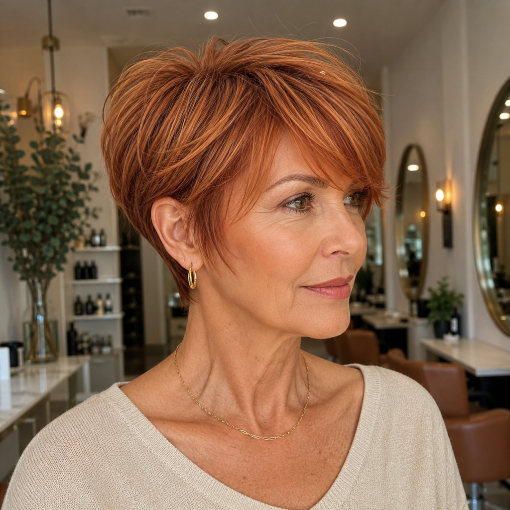 Low-maintenance textured bixie haircut over 50