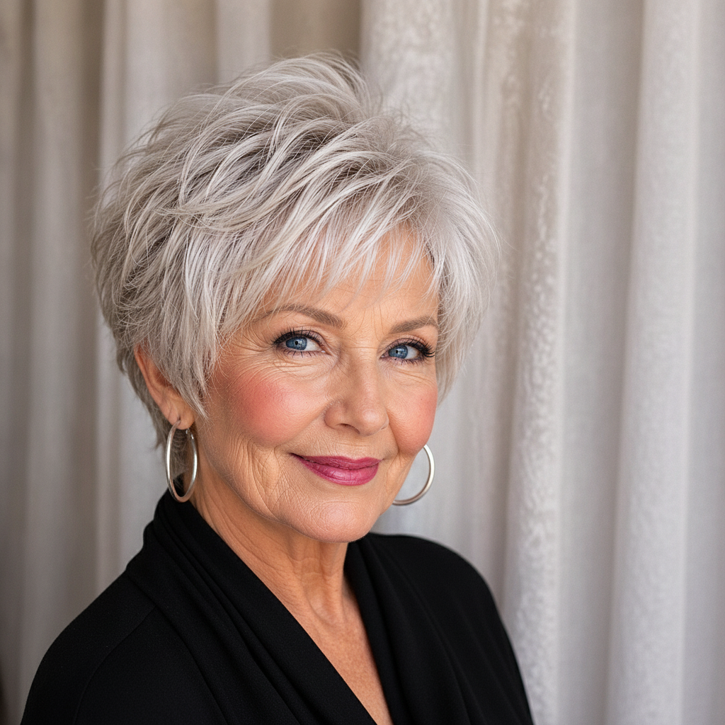 Feathered pixie bob for fine straight hair over 50