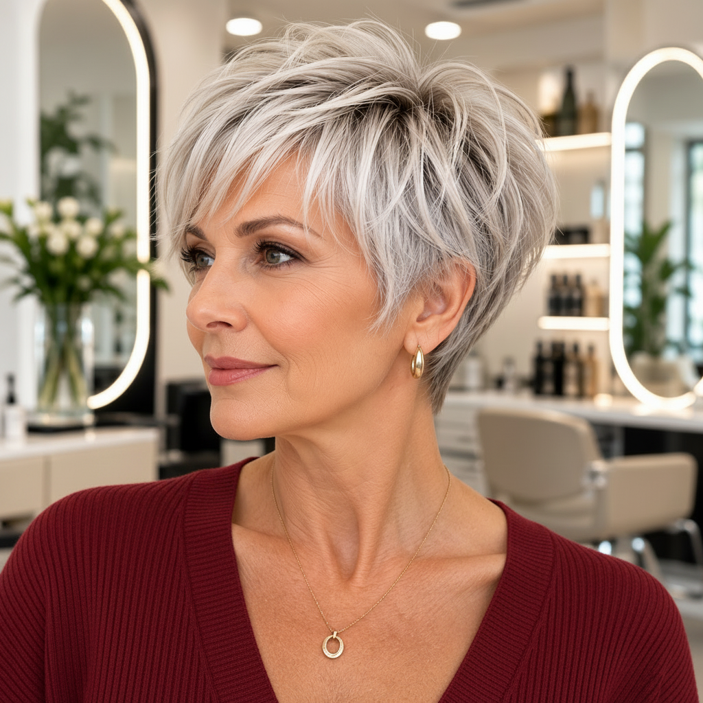 Silver layered pixie bob for fine mature hair