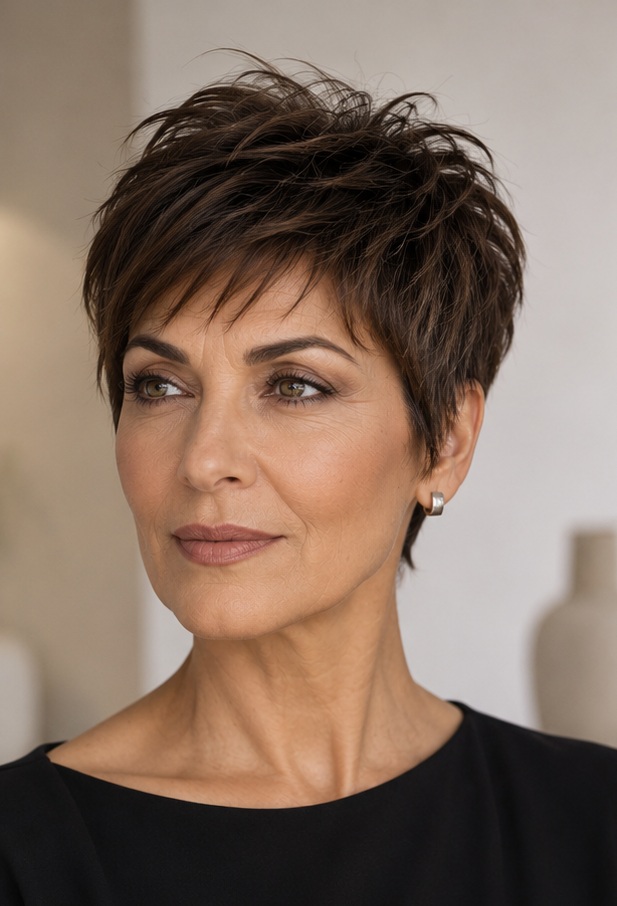 Sculpted short crop with soft crown texture and a naturally tapered shape