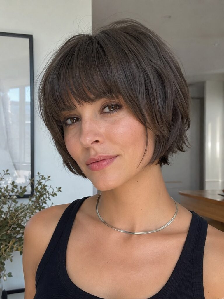 Textured French bob haircut shown from front, side and back with a soft natural finish
