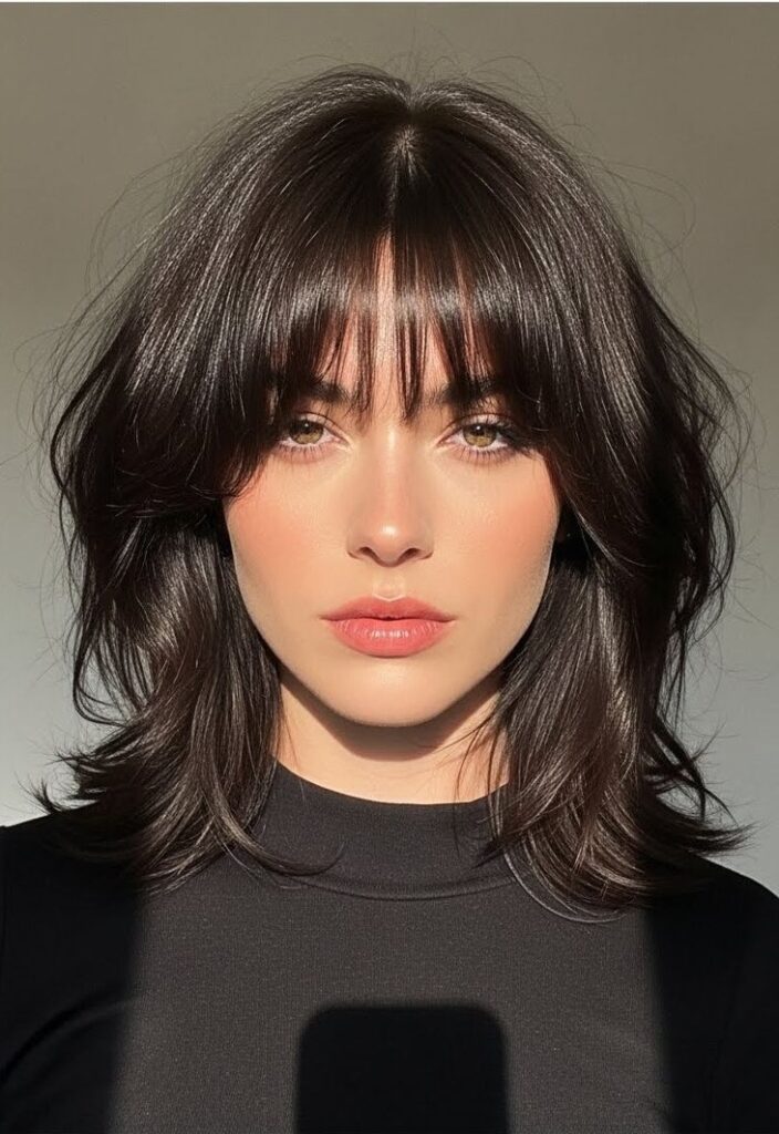 Airy midi shag with soft layers and wispy curtain fringe