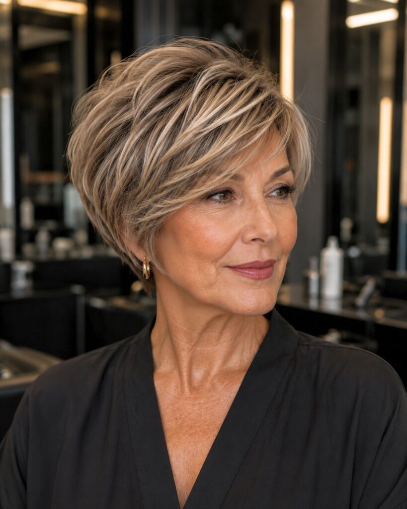 Soft tapered pixie haircut with blended sides and gentle crown volume