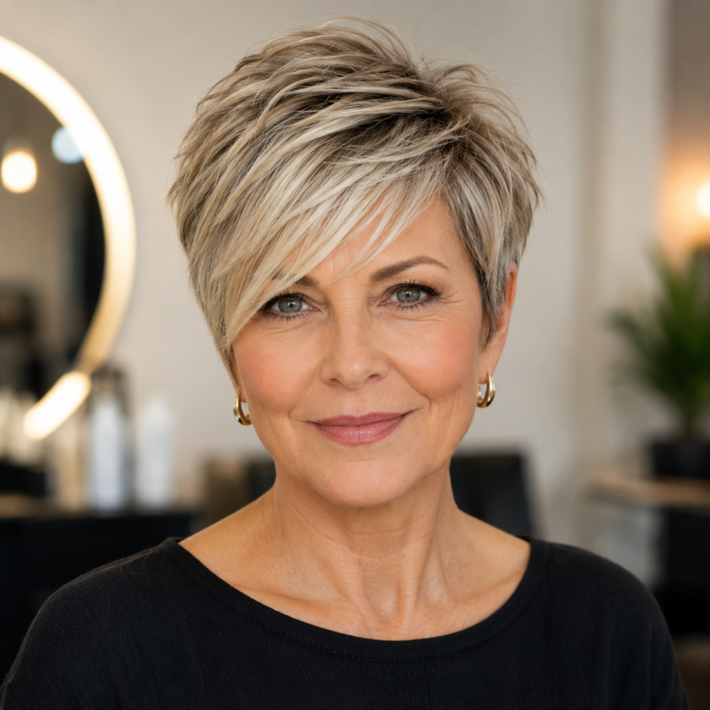 Long pixie with side-swept bangs for fine hair over 50