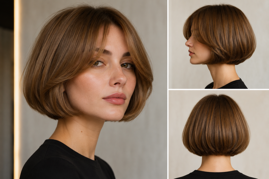 Modern pageboy haircut with a soft rounded shape and clean face-framing silhouette