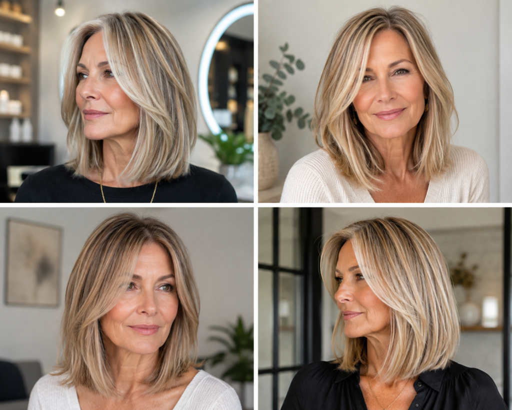 Long bob with face-framing pieces for mature fine hair