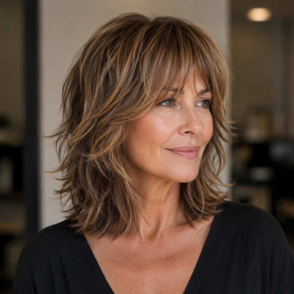 Modern medium shag for a woman over 50 with soft textured layers