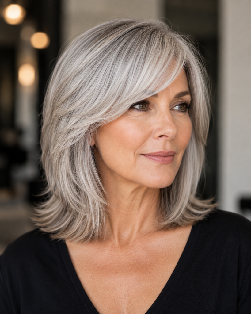 Medium-length haircut with side-swept bangs for a woman over 50