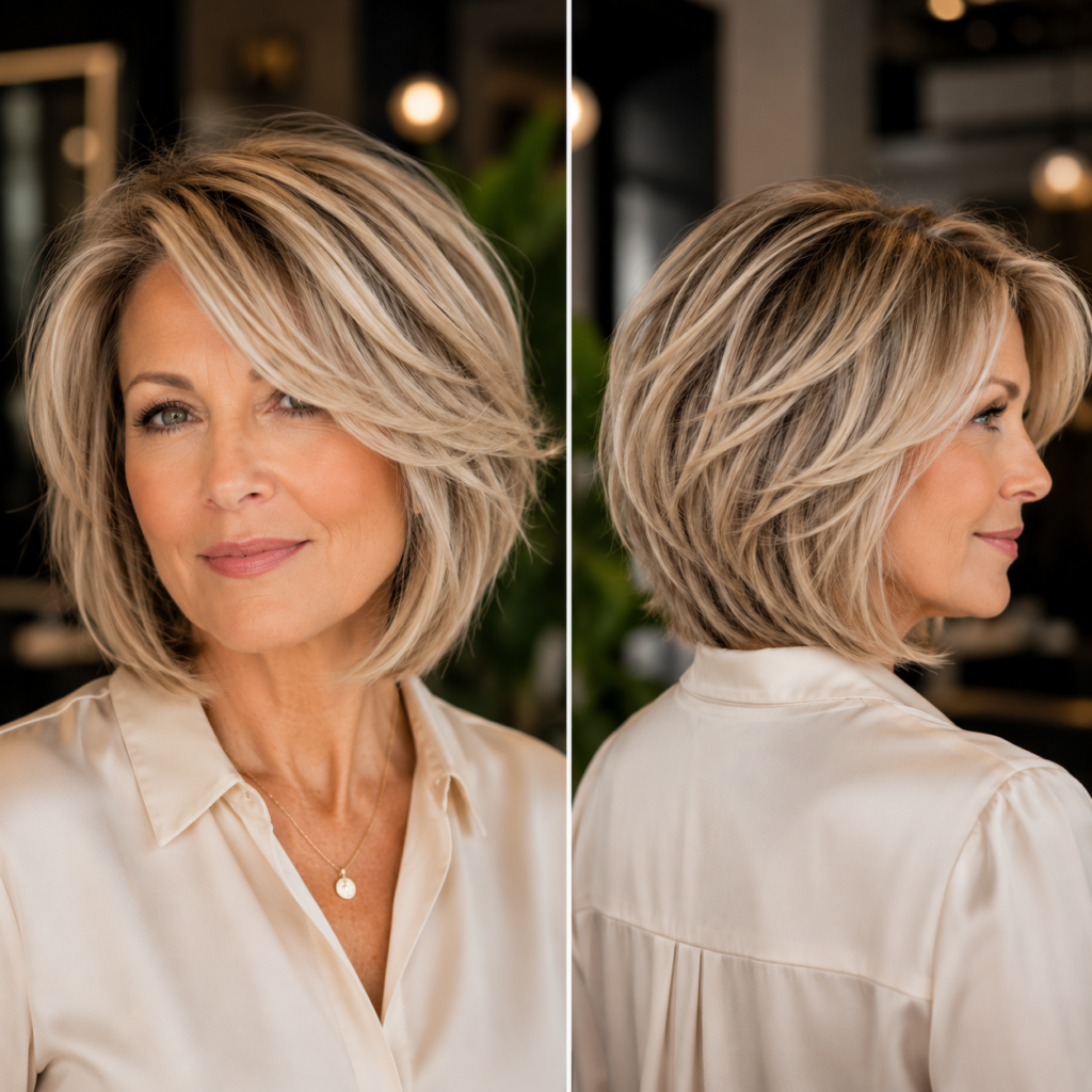 Softly layered bob haircut shown from front, side and back with blended layers and a relaxed shape
