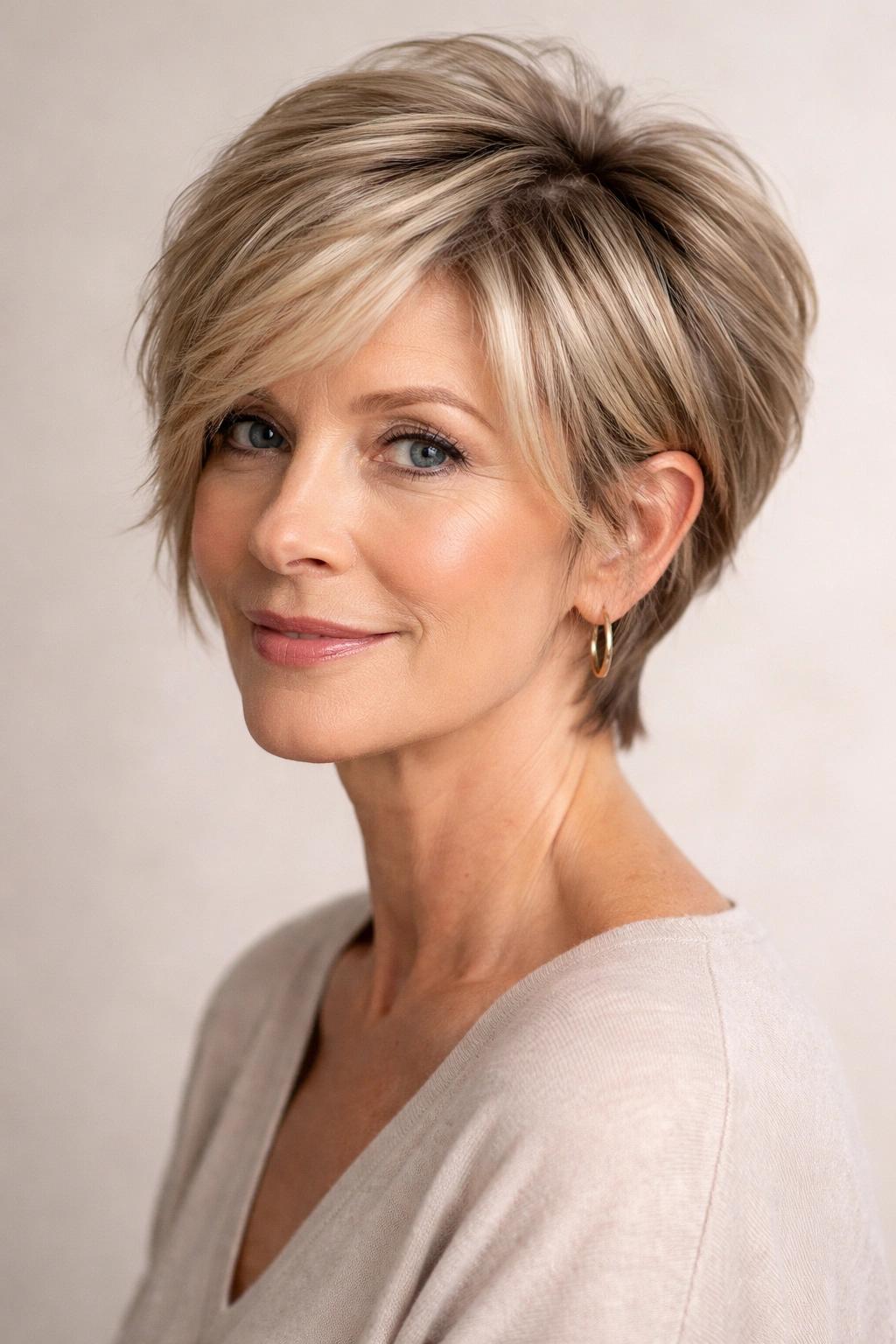 Rounded bixie haircut with soft texture for fine hair