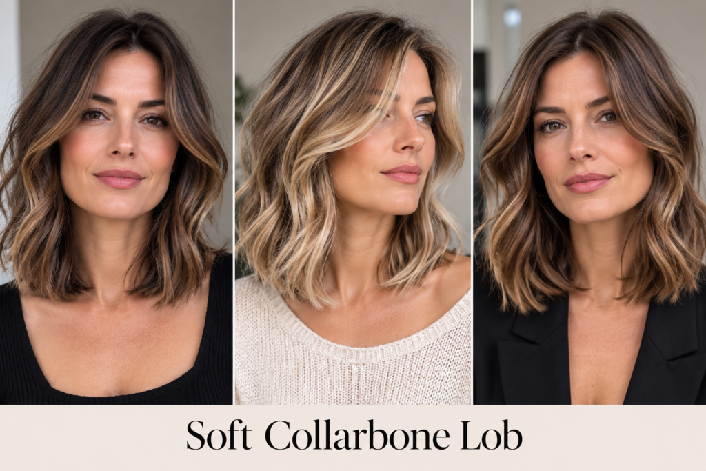 Soft collarbone lob shown from front, side and back with natural movement and subtle layers