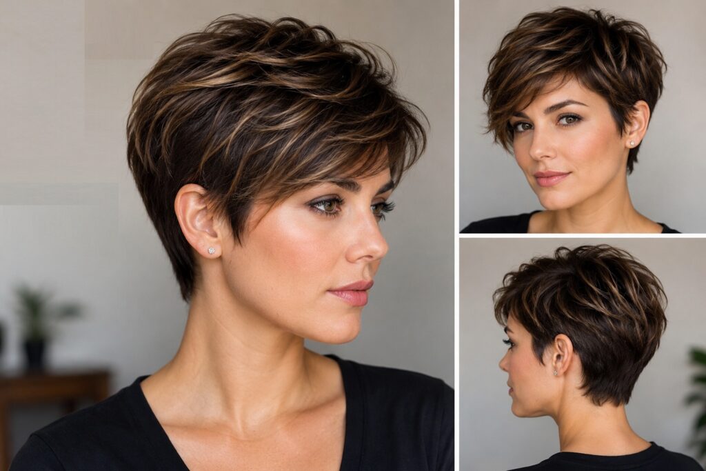 Grown-out pixie haircut with longer fringe, soft volume, and tousled texture