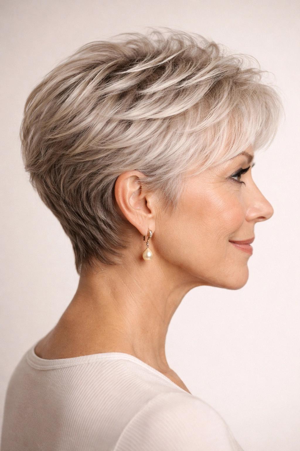 Short feathered haircut with side fringe and a softly tapered nape