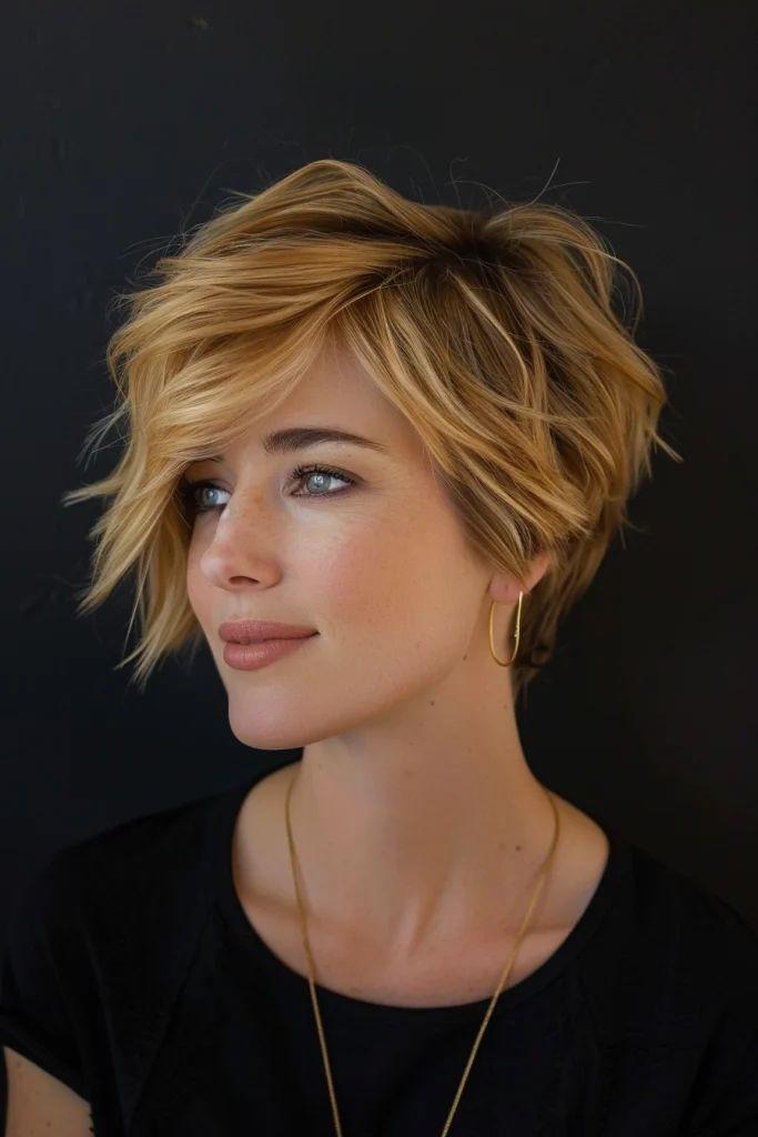 Soft textured pixie haircut designed to make fine hair look fuller