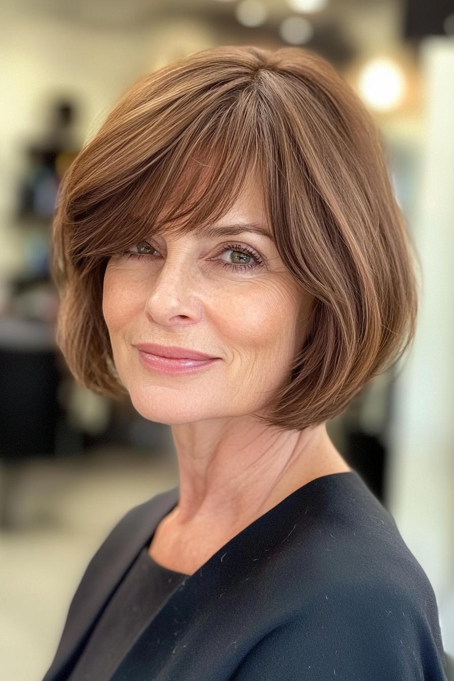 Fine hair bob with a full perimeter and side-swept fringe