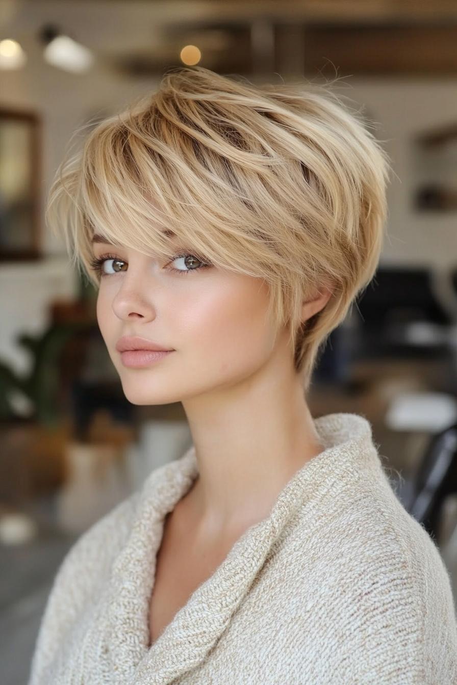Longer pixie with side-swept fringe and volume at the crown