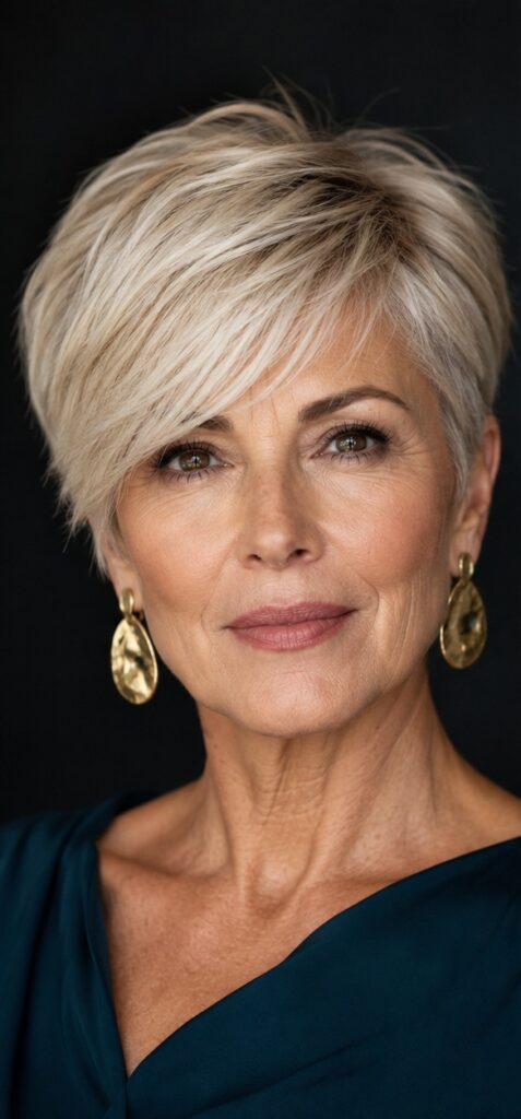 Side-swept pixie haircut with long fringe and soft face-framing movement