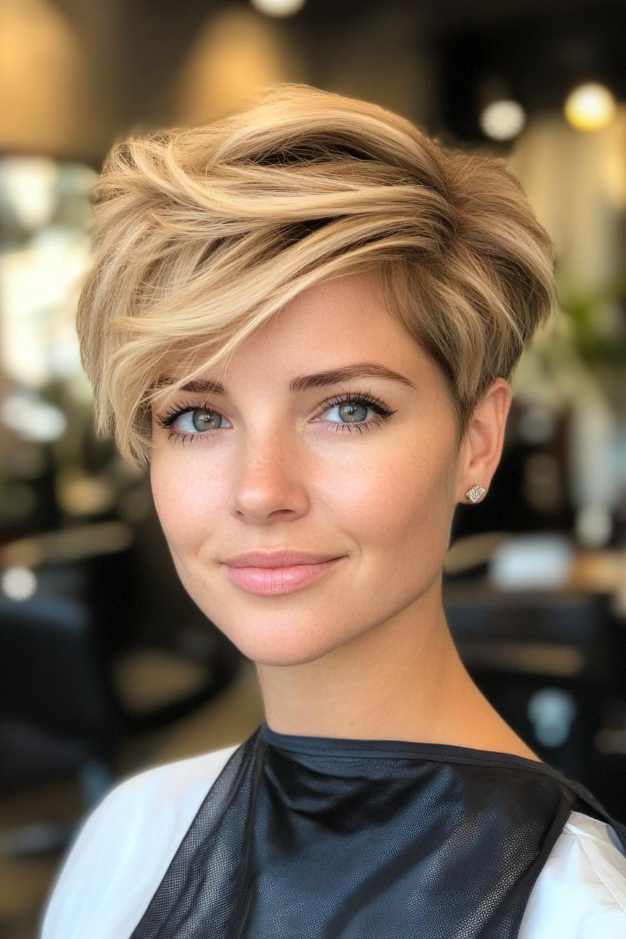 Long pixie haircut with soft crown lift for fine hair