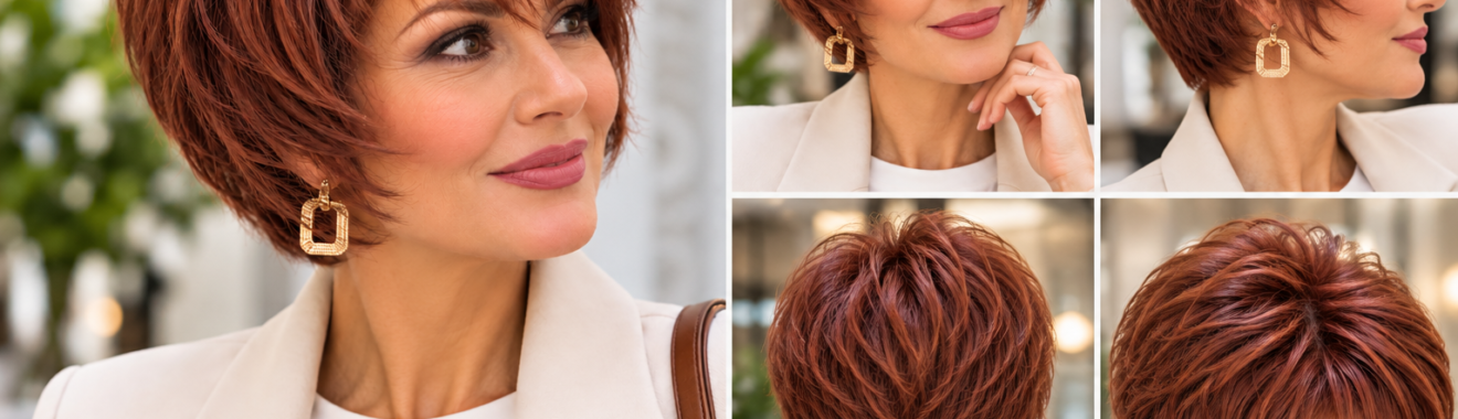 Six pixie bob haircut ideas that add volume after 50, featuring auburn, brunette, silver, blonde and textured styles