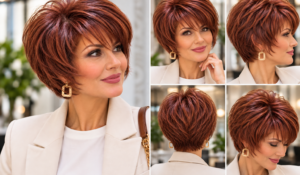 Six pixie bob haircut ideas that add volume after 50, featuring auburn, brunette, silver, blonde and textured styles