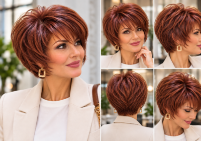 Six pixie bob haircut ideas that add volume after 50, featuring auburn, brunette, silver, blonde and textured styles