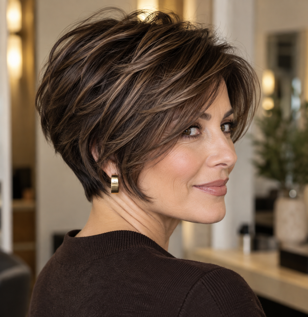 Dimensional brunette pixie-bob with subtle stacked volume at the back