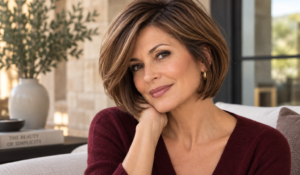 Woman over 50 with a voluminous brunette bob haircut for fine hair