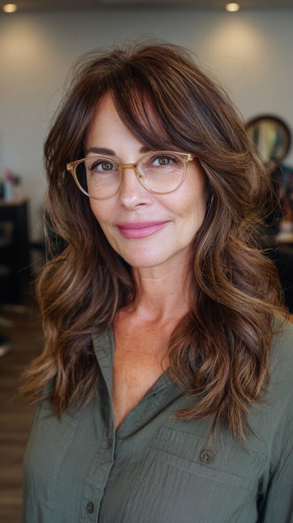 Long haircut with face-framing layers starting below the eyeglass frames