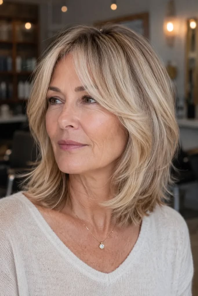 Layered lob for fine hair over 50 with subtle layers, movement and a full baseline