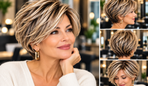 Four views of a blonde short layered haircut that creates volume for fine hair after 50