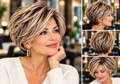 Four views of a blonde short layered haircut that creates volume for fine hair after 50