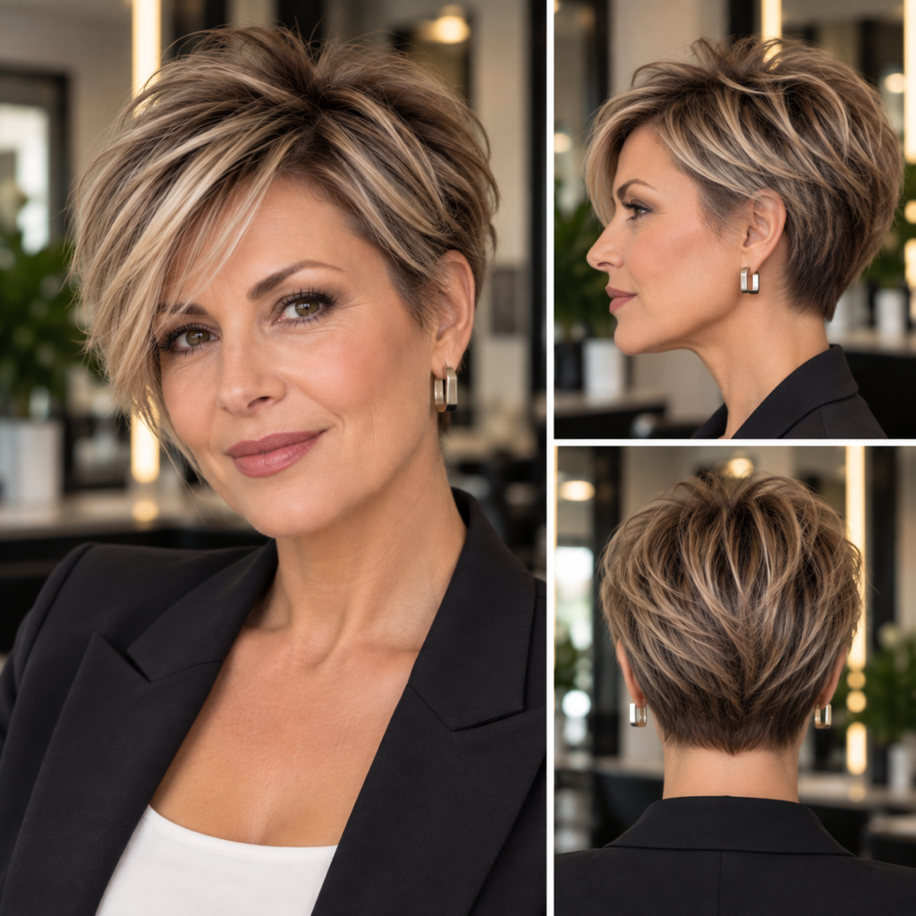 Layered pixie with controlled crown lift for naturally fuller-looking thin hair