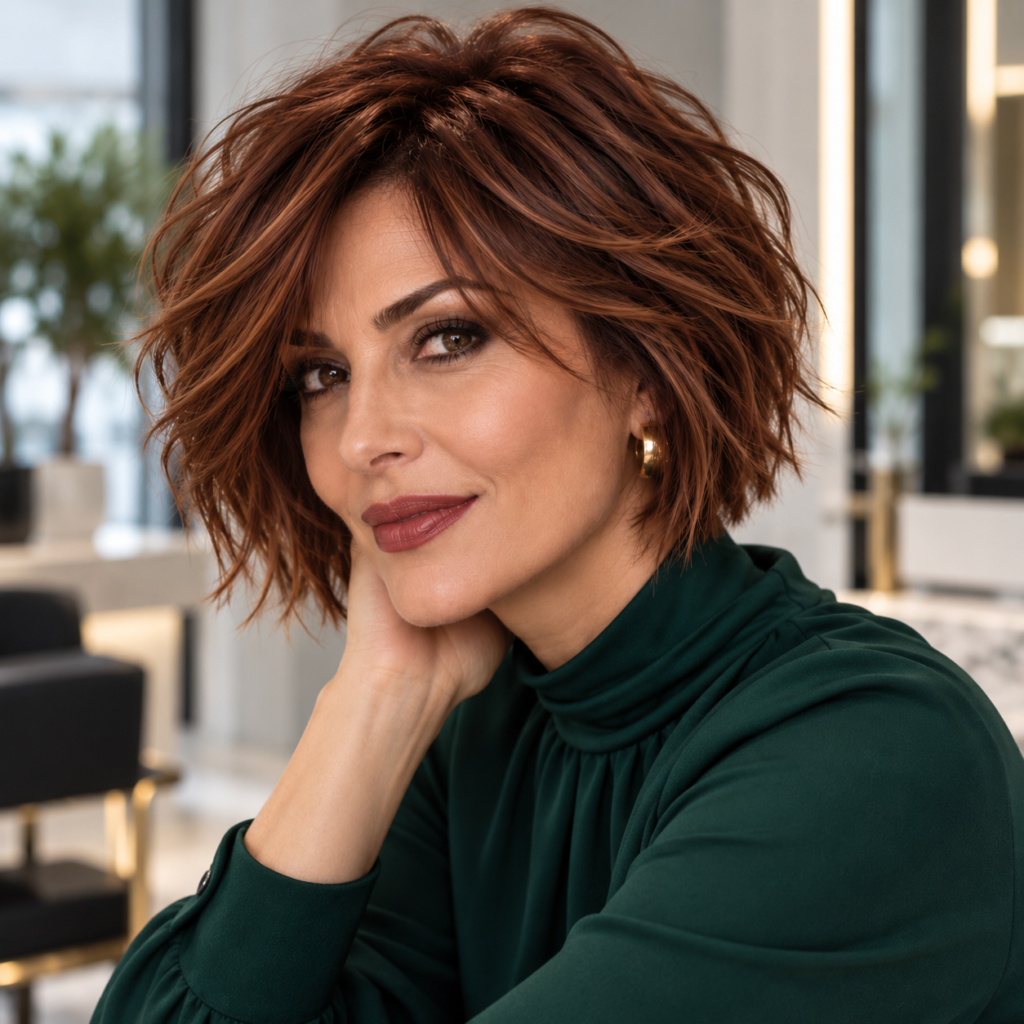 Layered lob haircut for fine hair over 50 with subtle layers and a full baseline