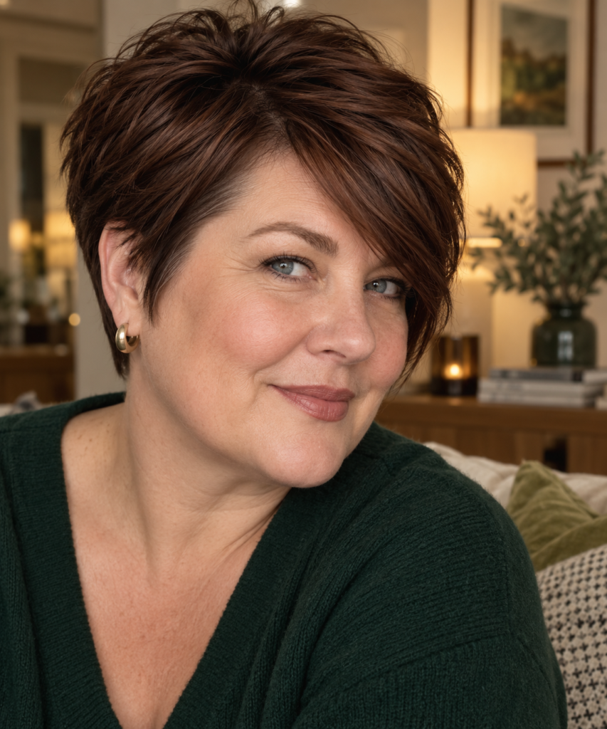 Long pixie with side-swept fringe and crown volume