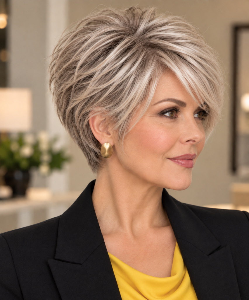 Soft textured bixie haircut with longer face-framing layers and natural movement