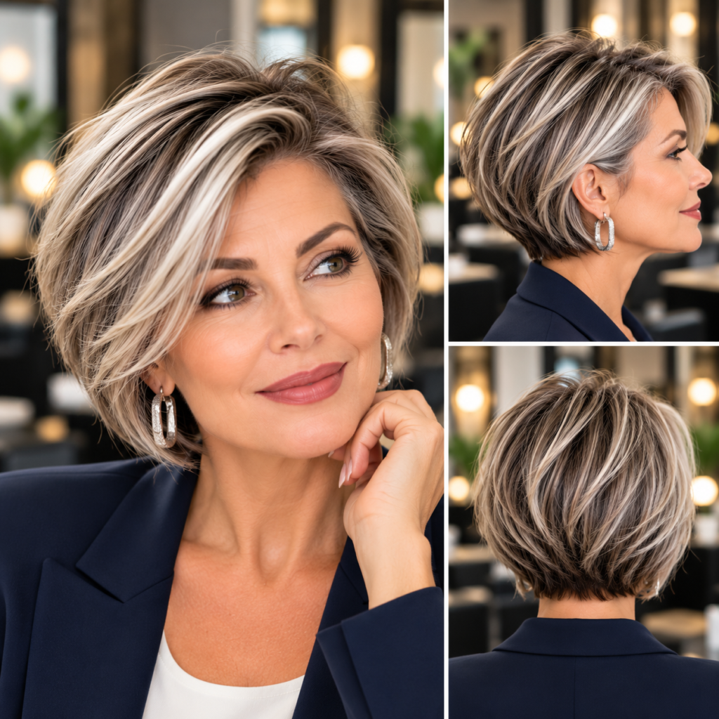 Side-parted silver bob with gentle root lift, shown from the front, side and back