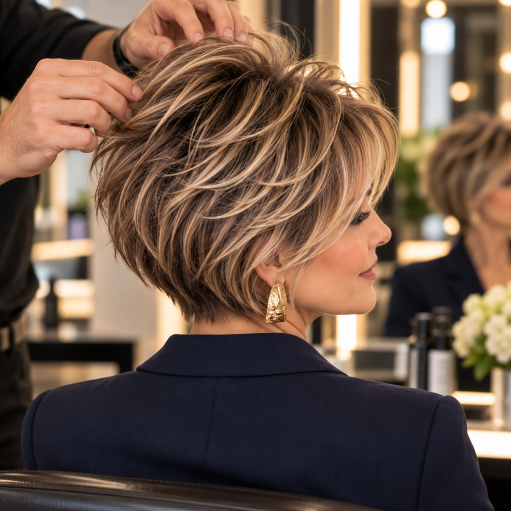 Short layered haircut for fine hair over 50 with controlled crown volume